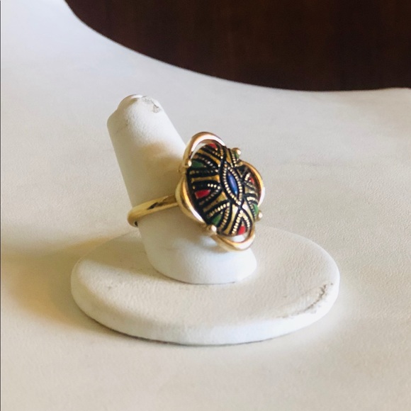 Vintage Black and Gold Glass Cab Colorful Ring - Picture 4 of 5